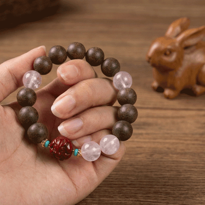 Rabbit Zodiac Bracelet: Rose Quartz & Cinnabar with Incense Beads for mood & skin glow - FateGemz