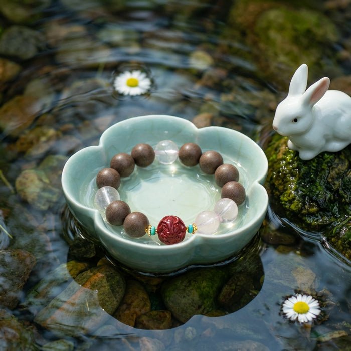 Rabbit Zodiac Bracelet: Rose Quartz & Cinnabar with Incense Beads for mood & skin glow - FateGemz