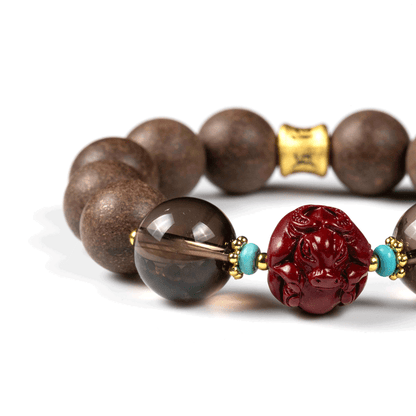Ox Zodiac Bracelet: Smoky Quartz & Cinnabar with Incense Beads for stress relief - FateGemz
