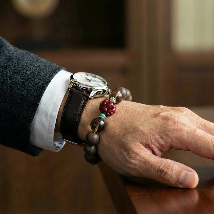 Ox Zodiac Bracelet: Smoky Quartz & Cinnabar with Incense Beads for stress relief - FateGemz