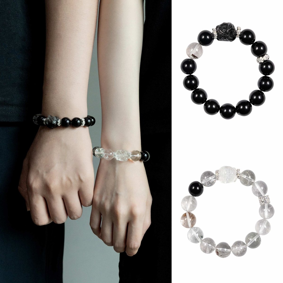 Qixi Couple Set: White Flash Stone & Obsidian, mystic oriental crystals for love, protection & balance - FateGemz