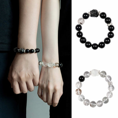 Qixi Couple Set: White Flash Stone & Obsidian, mystic oriental crystals for love, protection & balance - FateGemz