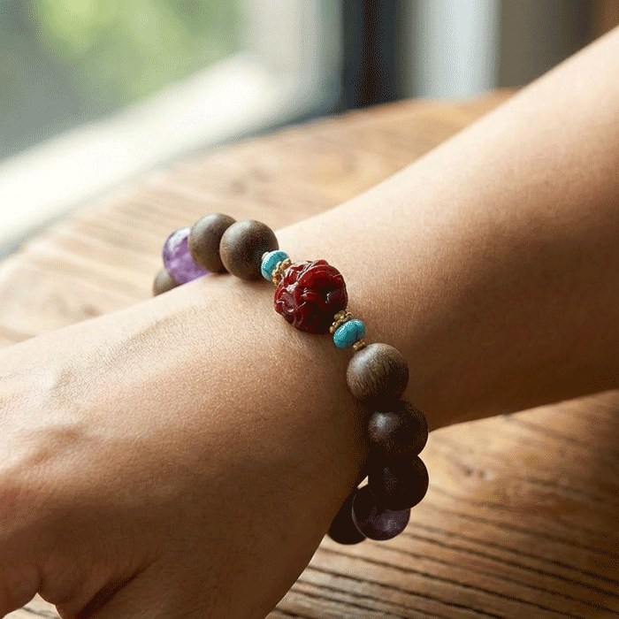 Rat Zodiac Bracelet: Amethyst & Cinnabar with Incense Beads for calm & better sleep - FateGemz
