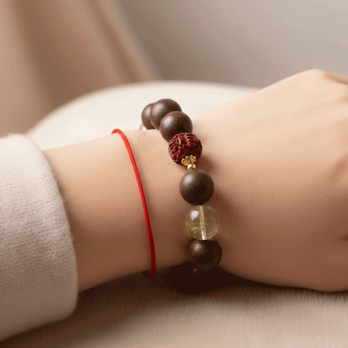 Dragon Zodiac Bracelet: Lemon Yellow Quartz & Cinnabar with Incense Beads for vitality - FateGemz