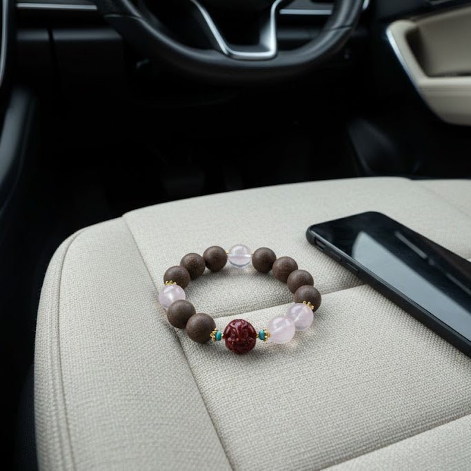 Rabbit Zodiac Bracelet: Rose Quartz & Cinnabar with Incense Beads for mood & skin glow - FateGemz