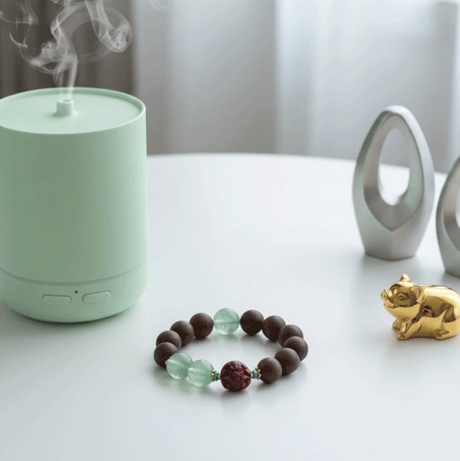 Pig Zodiac Bracelet: Green Fluorite & Incense Beads for metabolism & skin purity - FateGemz