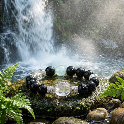Water's Echo Bracelet: Obsidian & White Crystal for Water Element wisdom, protection & aura purification - FateGemz