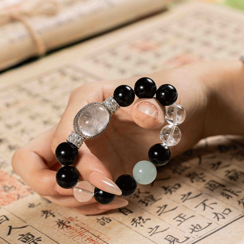 Water's Echo Bracelet: Obsidian & White Crystal for Water Element wisdom, protection & aura purification - FateGemz