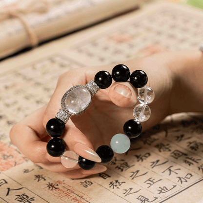 Water's Echo Bracelet: Obsidian & White Crystal for Water Element wisdom, protection & aura purification - FateGemz