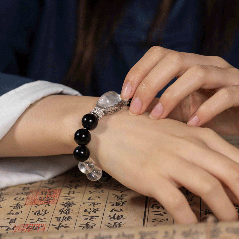Water's Echo Bracelet: Obsidian & White Crystal for Water Element wisdom, protection & aura purification - FateGemz
