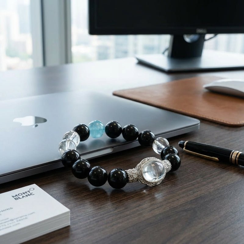 Water's Echo Bracelet: Obsidian & White Crystal for Water Element wisdom, protection & aura purification - FateGemz